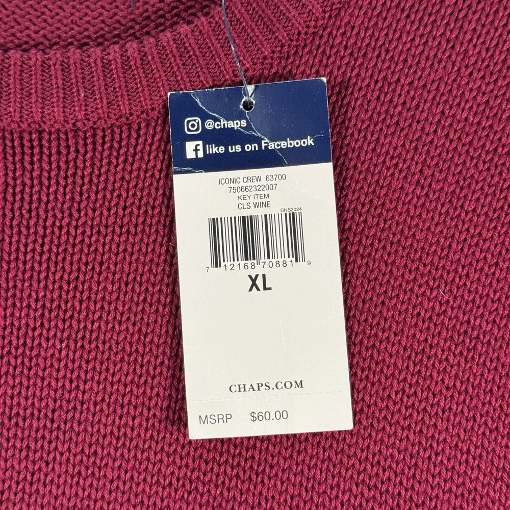 Chaps Iconic Crew Knit‎ Sweater Mens XL Wine Red Crest Comfort Grandpa Trendy